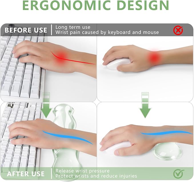 Gel Keyboard and Mouse Wrist Rest, Cute Wrist Support and Arm Support Keyboard Rest for Keyboard and Mouse Typing Pain Relief，Suitable for Office/Computer/Laptop/Gaming（Transparent Green Set ）