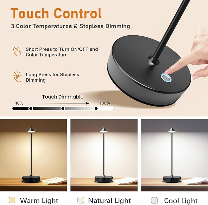 Set of 2 Cordless Rechargeable Led Table Lamp Battery Operated Light Black | 6000mAh Desk Lamp Touch 3 Color Dimming Portable Outdoor Waterproof Table Light for Patio/Restaurant/Dining/Home
