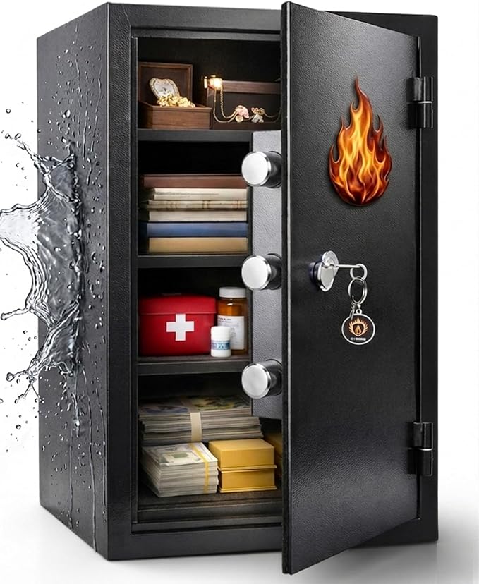 [𝟮𝟬𝟮𝟲 𝗡𝗲𝘄] 23.69'' Tall Fireproof Safe for Home, 1800°F Fire Protection for 60 Minutes, Fire and Water Proof Safe Box with Mechanical Lock, Removable Shelf for Documents, Cash and Valuable