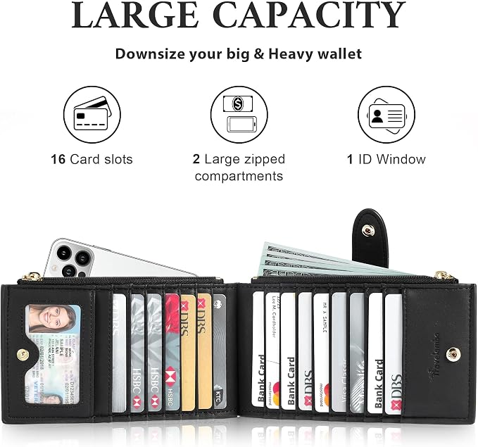 Travelambo Womens Leather Bifold Wallet, Slim RFID Blocking Card Holder | Large Capacity, 16 Card Slots & ID Window, 2 Zipper Pockets, Dual Snap Closure, Slim Lightweight, RFID Privacy Protection