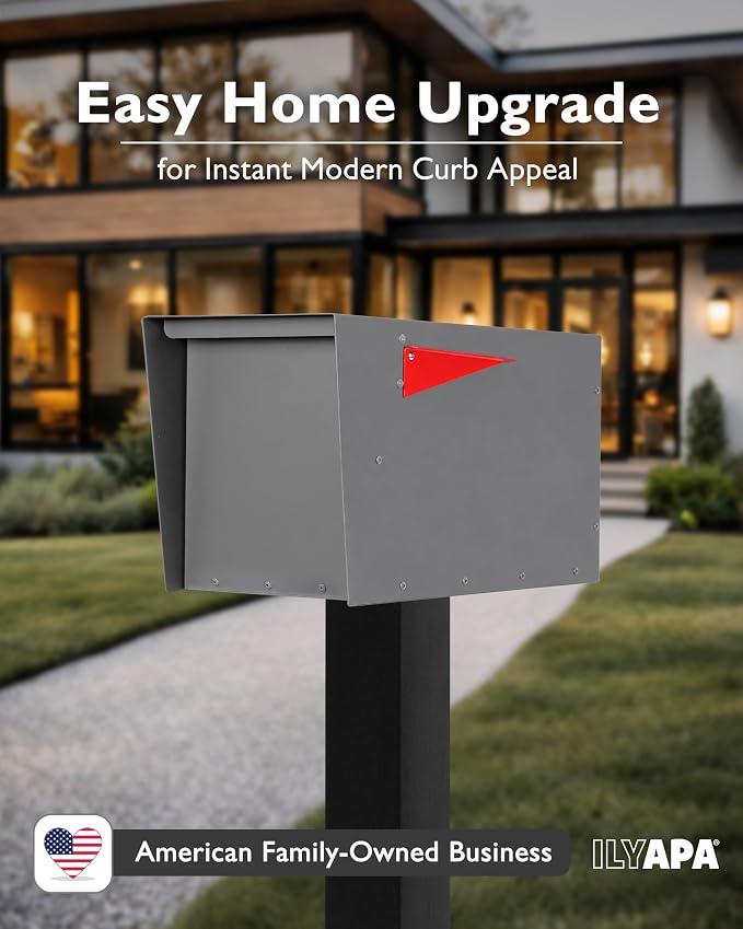 Ilyapa Modern Mailbox for Post Mount - Gray with Gray Door Powder Coated Steel, Waterproof Letter Box for Parcels, with Recessed Magnetic Close Door