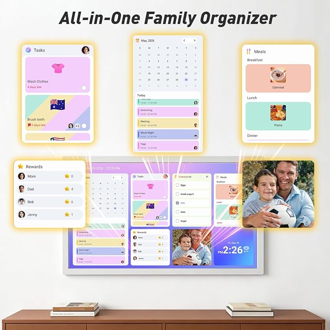 27" Digital Picture Frame Electronic-Calendar-WhiteBoard-Schedules – eCalendar FHD Touchscreen Display, Meal Planner, Auto-Sync Online Calendars, Chore Chart, Star Rewards, Wall Mount, Gifts for Mom