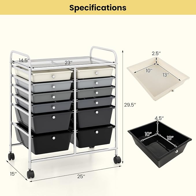 BECOMFORT 12-Drawer Rolling Cart with Drawers, Storage Cart on Wheels, Teacher Classroom Organizers with Metal Frame, Mobile Craft Cart, Trolley Utility Cart for School Office Play Room