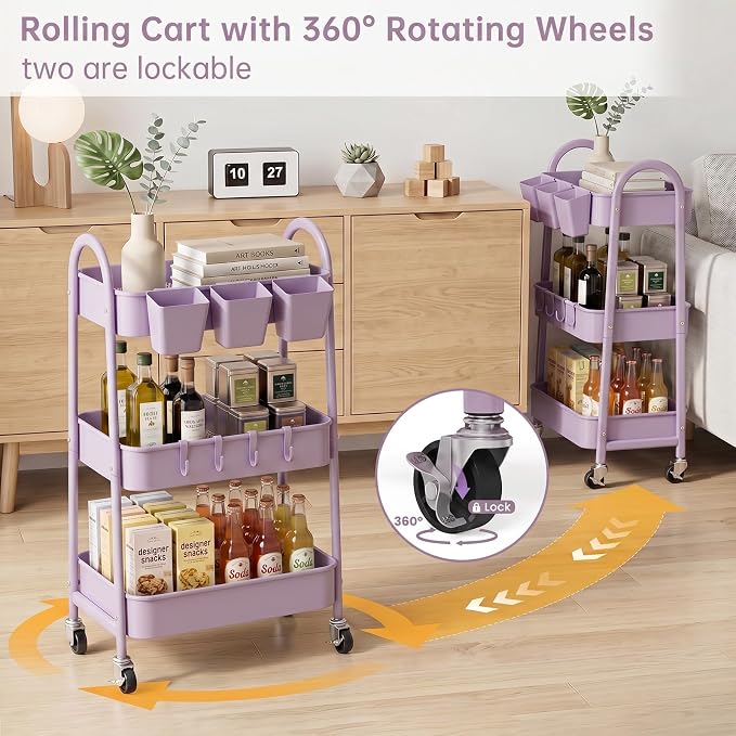 3-Tier Rolling Cart, Utility Cart Mobile Metal Rolling Storage Cart with Lockable Wheels & Hanging Cups & Hooks for Kitchen, Bathroom, Office, Workshop, Purple