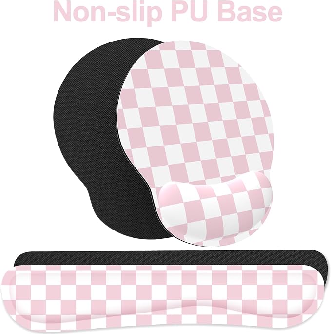 Ergonomic Mouse Pad with Wrist Rest and Keyboard Wrist Rest, Mousepad | Memory Foam Wrist Rest for Computer Keyboard, Pain Relief, Non-Slip Base, Mouse Pad Wrist Support for Gaming, Pink Checkered