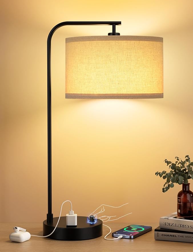 20.7" Tall Table Lamp with USB & Outlet, Fully Dimmable Nightstand Lamp | Linen Lampshade, USB Port and Outlet, Black Desk Lamp for Bedside, Living Room, Guest Room, Home Office, LED Bulb Included