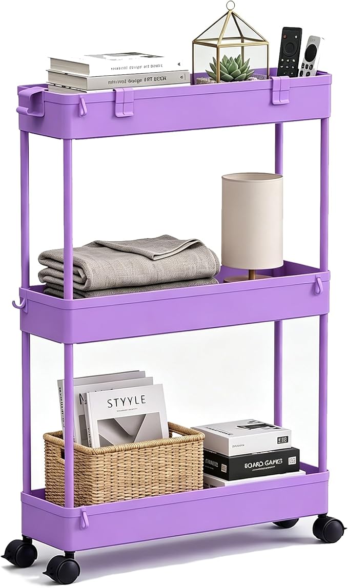 Slim Storage Cart 3 Tier,Bathroom Organizer Rolling Utility,Mobile Shelving Unit Slide Out for Office, Kitchen, Laundry Room & Narrow Places,Purple