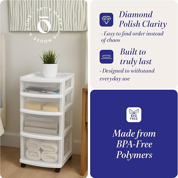 HOMZ Drawer Tower, 4-Tier Storage Cart with Removable Wheels, White Frame | Clear Plastic Rolling Drawers for Desk, Dresser, Cabinet, Bedroom, Bathroom, Classroom & Office