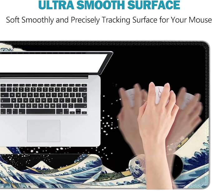 ToLuLu Extended Gaming Mouse Pad, Ergonomic Keyboard Mouse Wrist Rest Set | Large Desk Mat with Stitched Edges, Memory Foam Support Non-Slip Base Mousepad for Home Office Game Study, Wave of Kanagawa