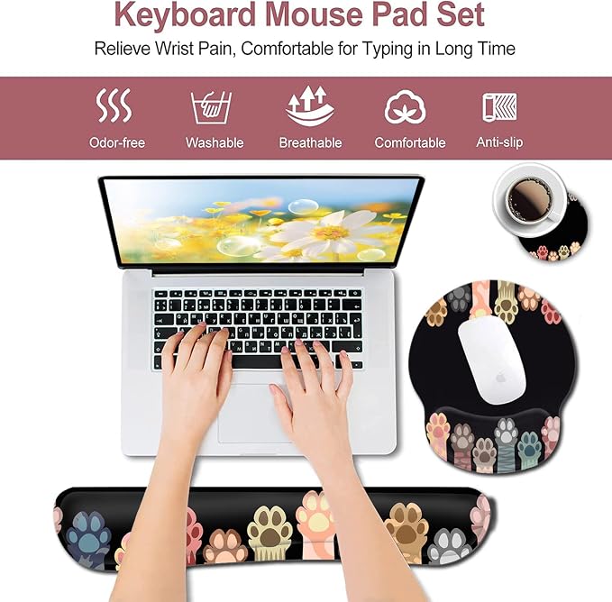 Ergonomic Mouse Pad with Wrist Support Gel Mouse Pad, Non-Slip Laptop Computer Keyboard Mousepad for Office & Home Gaming, Cute Colorful Cat Paws Design, Memory Foam Keyboard Wrist Rest