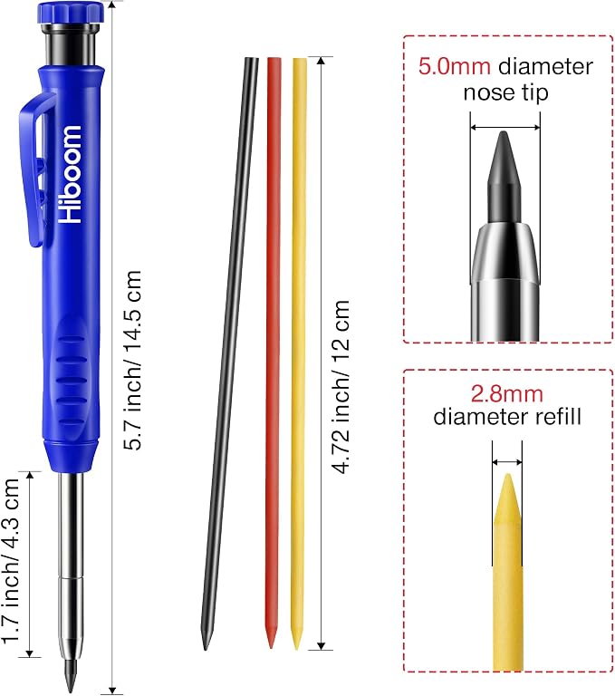 Hiboom 3 Pack Carpenter Pencil with 21 Refills (Blue, Red, Black) | Long Nosed Deep Hole Marker, Mechanical Pencil, Built in Sharpener, Marks Dark Surfaces, Construction Woodworking Tools