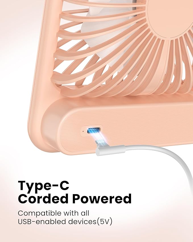 Koonie USB Desk Fan, Strong Wind Ultra Quiet Small Mini Fan | 180° Tilt Folding & 3 Speeds Adjustable, USB-C Corded Powered Personal Fan for Office Desktop Bedroom, Pink, NO BATTERY