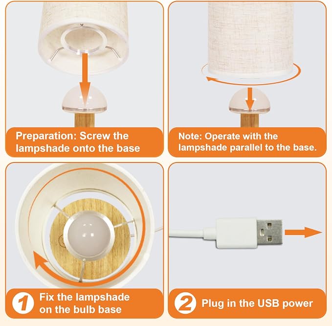 Small Touch Table Lamps Set of 2 with Stepless Dimming&USB Plug, Natural Round Wood Base & Linen Fabric Shade |Soft Ambient Night Light |Minimalist Boho Bedside Lamp for Bedroom,Nursery,Kitchen,Dorm