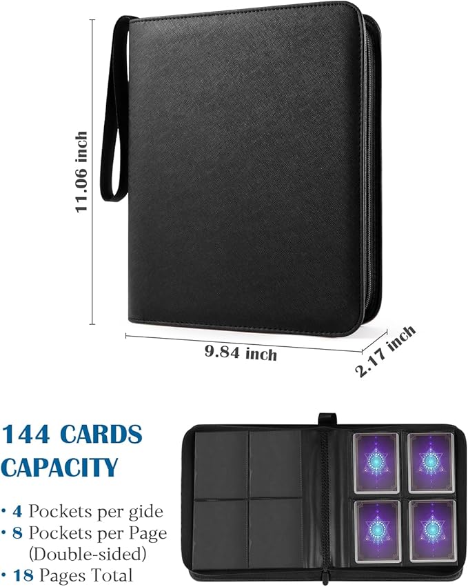 Top Loader Binder 4 Pocket for 144 Toploaders, Side Loading Toploader Binder for 3 x 4'' Rigid Cards with Zipper Closure, PU Leather Ringless 2x2 Card Binder for MTG/TCG/Sports/Games, Pink