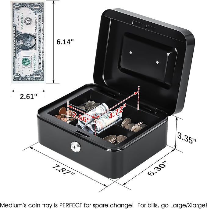 KYODOLED Metal Cash Box with Key Lock & Money Tray - Secure Safe for Home, Office & Events, Ideal for Cash, Meds & Small Items, 7.87" x 6.30" x 3.35", Black, 4 Pack