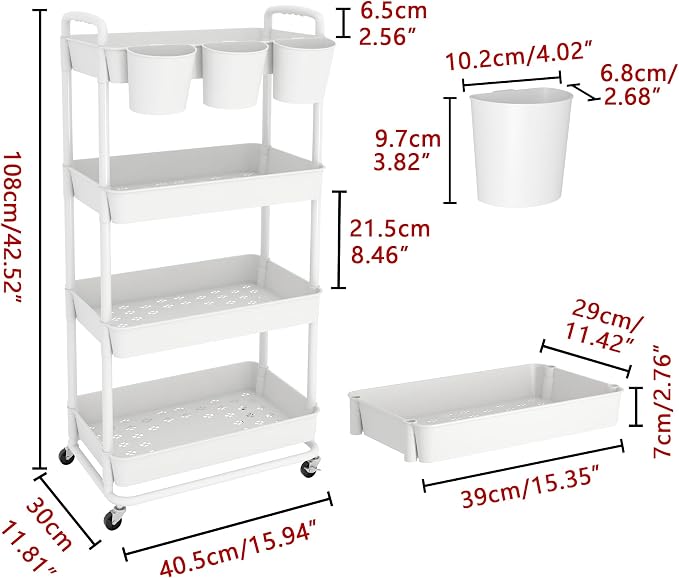 4-Tier Plastic Rolling Storage Cart Utility Cart White | Utility Cart with Extra Hanging Cups Arc-Shaped Handles Lockable Wheels for Living Room Bathroom Kitchen Office