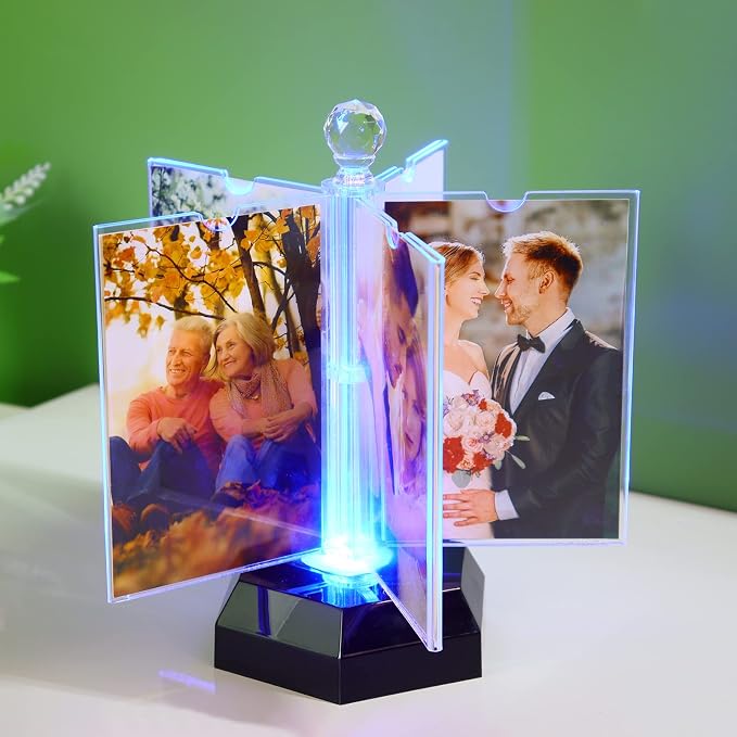 ZEEYUAN Auto-Rotating 4x6 Photo Frame Acrylic Picture Frame with Night Lighting/Multiple Picture Frame to Display 10 Photos,4x6 Family Photo Frame Collage for Desktop