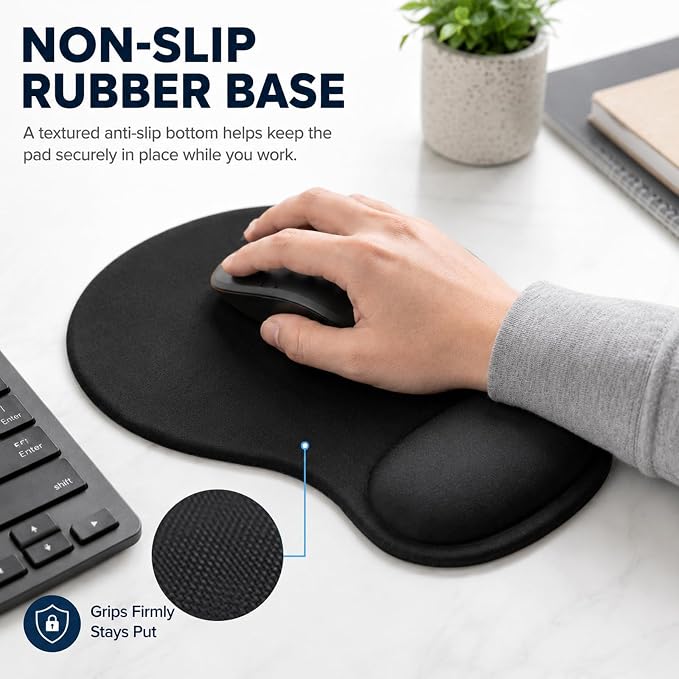 Mouse Pad with Wrist Rest Ergonomic Memory Foam Support, Non-Slip Rubber Base, Comfortable Typing Cushion for Home Office Computer Laptop, Black
