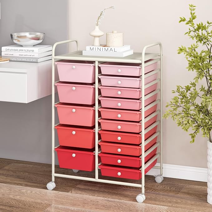 COSTWAY 15 Drawer Rolling Storage Cart, Mobile Storage Organizer | Removable Drawers & Metal Frame, Multipurpose Utility Tools Paper Organizer on Wheels for Home, Office (Mixed Pink)