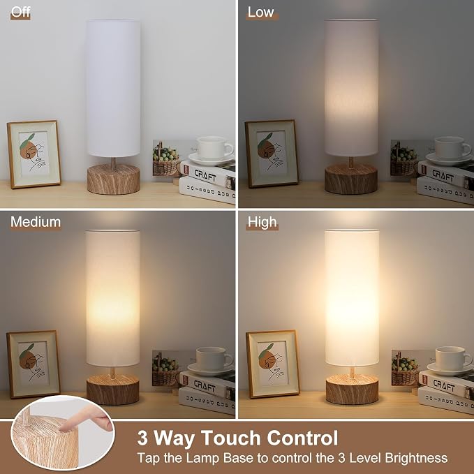 Touch Table Lamp with Wood Grain Metal Base, 3 Way Dimmable Bedside Lamp | Modern Nightstand Desk Lamp with White Shade, Simple Night Light for Bedroom Living Room Home Office, LED Bulb Included