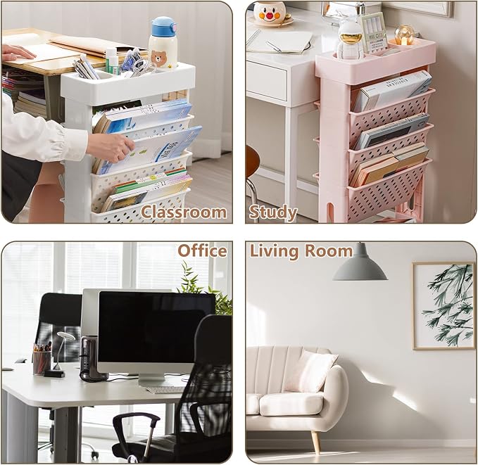 Pink Rolling Office Paper Organizer, Mobile Book Cart Document Folder File Storage with Pen Holder, Slim Rolling Storage Cart Movable Bookshelf for Office, Dorm, Classroom, Nursery