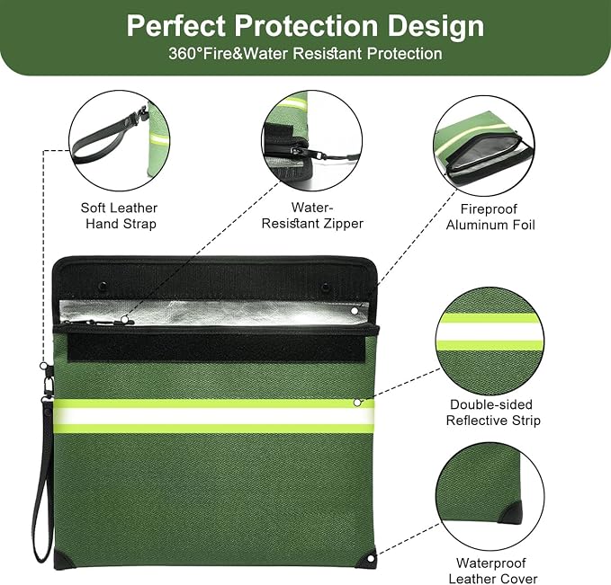 6500°F Fireproof Document Bag, Upgraded Fireproof/Waterproof Money Bag with Zipper/Reflective Strip,Storage Pouch for A4 Letter Size Document,Cash,Cell Phone,Passport