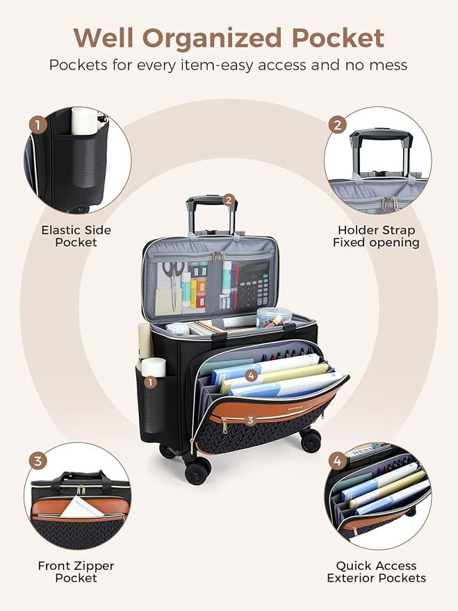 Rolling Teacher Bag with 4-Wheels 360° Spinner, Hardside Large | Laptop Rolling Briefcase for Women Teacher Office Craft Nurse, Roller Tote Work Bag with Accordion File, Quilted Black Brown