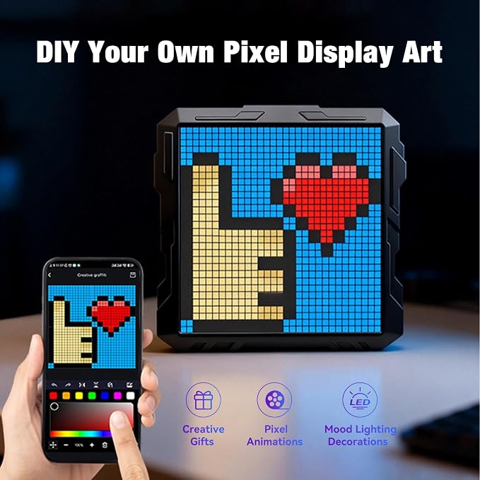 Pixel Display Frame, 32x32 Pixel Art Digital Picture Frame, Programmable LED Display with APP Control, Clock Alarm & Message Board, Bluetooth Smart Pixel Screen for Desktop, Home Office, Game Room
