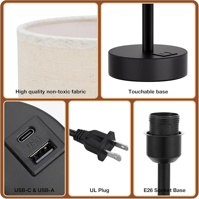 Dicoool Bedside Table Lamp for Bedroom - 3-Way Dimmable Touch Lamp, USB A+C | LED Bulb Included, 14" Small Nightstand Lamp for Desk, Living Room, Guest Room, Beige Fabric Lampshade, Black Metal Base