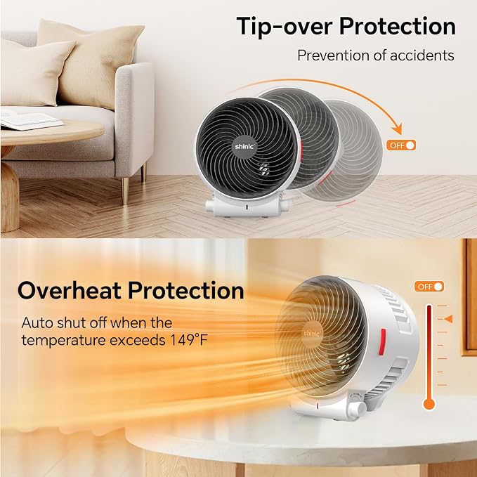 shinic Desk Fan and Heater Combo, Portable Cooling Air Circulator Fan, Tip-Over & Overheat Protection, Turbo Fan Space Heater Combo for Indoor Use Office, Bedroom, Living Room, ETL Listed, White
