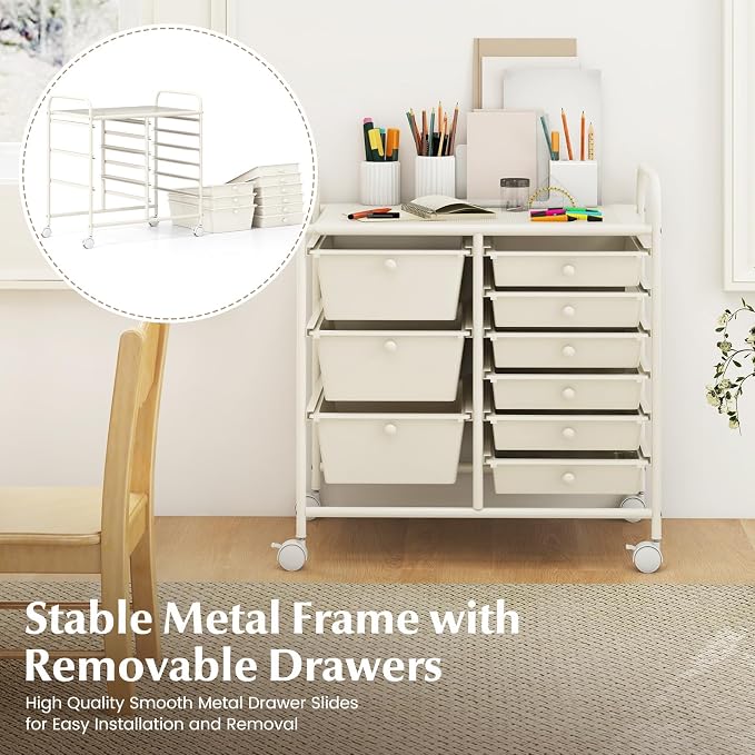 RELAX4LIFE 9 Drawer Rolling Storage Cart - Mobile Drawer Carts for Craft Art Supply Paper Salon, Utility Cart on Wheels for Classroom Teacher School Office, Rolling Cart with Drawers (Ivory White)