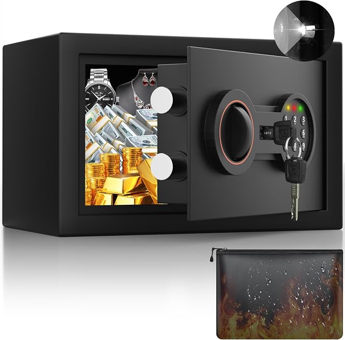 Small Safe for Home, 6.69"H Safe Box with Fireproof Waterproof Bag | Money Safe with Alarm System, Sensor LED Light, Wall/Floor Mountable, Hidden Safes for for College Dorm Room