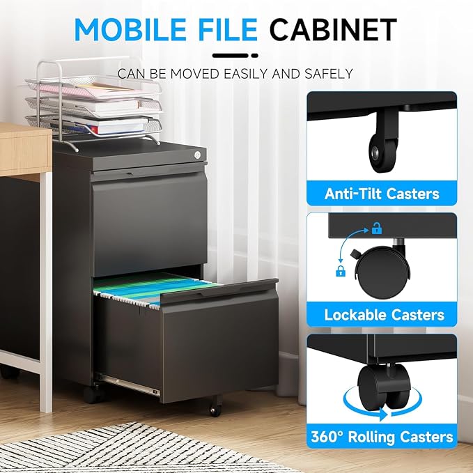 2 Drawer Mobile File Cabinet with Lock, Rolling File Cabinet with Wheels | Metal Small Filing Cabinet with Wheels for Home Office Storage, Fits Legal/A4/Letter/Document Size, Required Assembly, Black