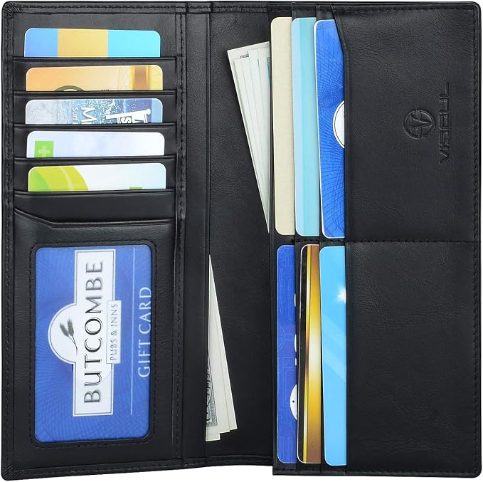 VISOUL Leather Checkbook Cover Wallet for Men with RFID Blocking, Mens Long Bifold Cash Tall Wallet with 11 Credit Card Slots 1 ID Window (Black)