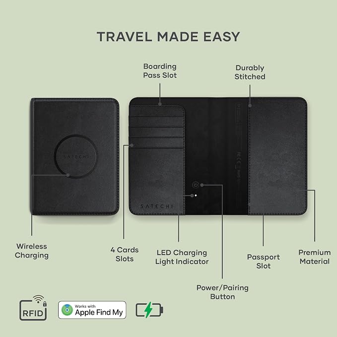 Satechi Passport Holder with Find My Tracking, 4-Slot Card Wallet, Black | 4-slot card wallet, wireless charging, RFID protection, vegan leather