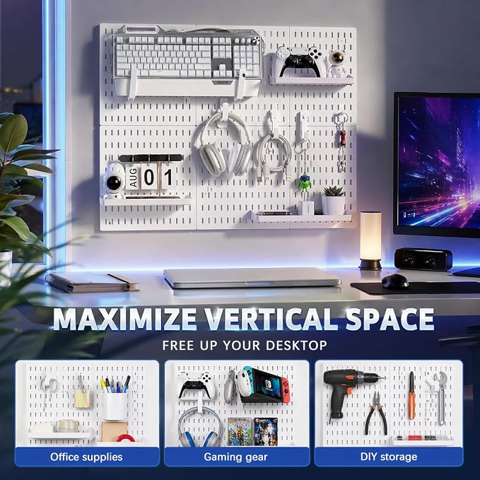 White Pegboard Wall Organizer Kit, Craft Room, 4 Panels Hooks & Shelves | Peg board accessories for sewing, desk and home office, ABS storage with bins, holds small parts, easy to clean, maker gift