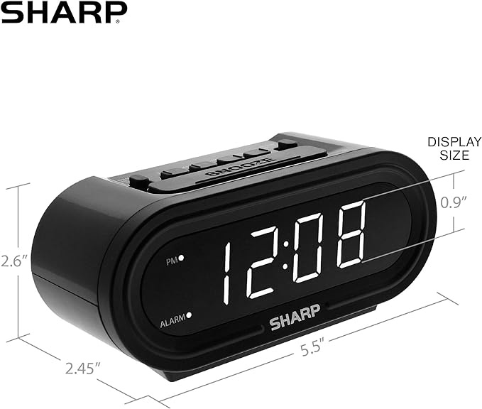 Sharp Digital Alarm with AccuSet - Automatic Smart Clock, Never Needs Setting (Midnight Black-White LED)