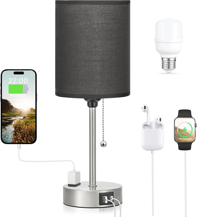 Small Bedside Table Lamp for Bedroom - Desk Lamp with USB Ports for Dorm | USB A+C Ports, AC Outlet, 3 Color Temperatures, LED Bulb Included, Black Fabric Shade, Sleek Silver, 14" Night Stand Lamp