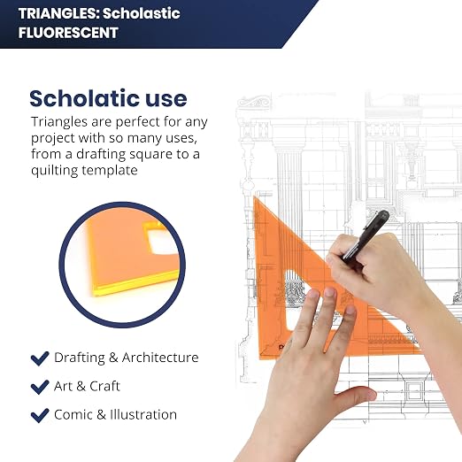 Pacific Arc's Scholastic Triangle - 6 inch - Fluorescent - 45/90 Angle - Polystyrene - Inking Edge - Technical Drawing Tools, Drafting, Architect and Engineering.