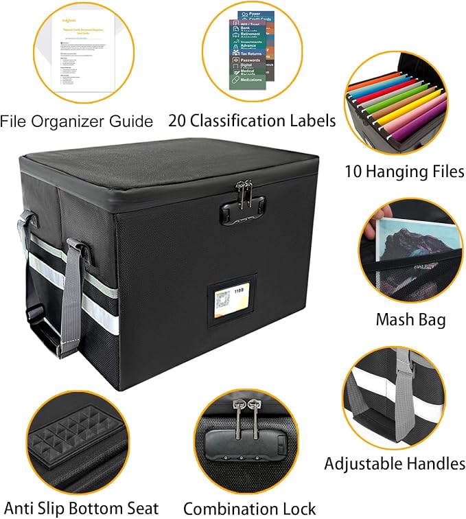 Next of Kin Box Organizer with Labels,Estate Planning Organizer Kit | Fireproof Home & Office Organization with Family Document Guide,Foldable Document Organizer for Family,Combination Lock