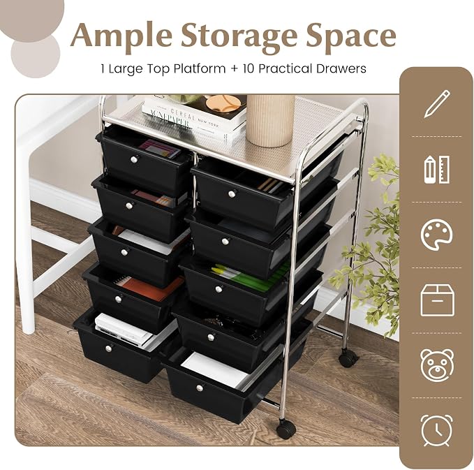 COSTWAY 10 Drawer Rolling Storage Cart, Utility Cart with Lockable Wheels | Mobile Art Supply Craft Organizer with Metal Frame, Multipurpose Drawer Cart for Paper for Office, School, Black