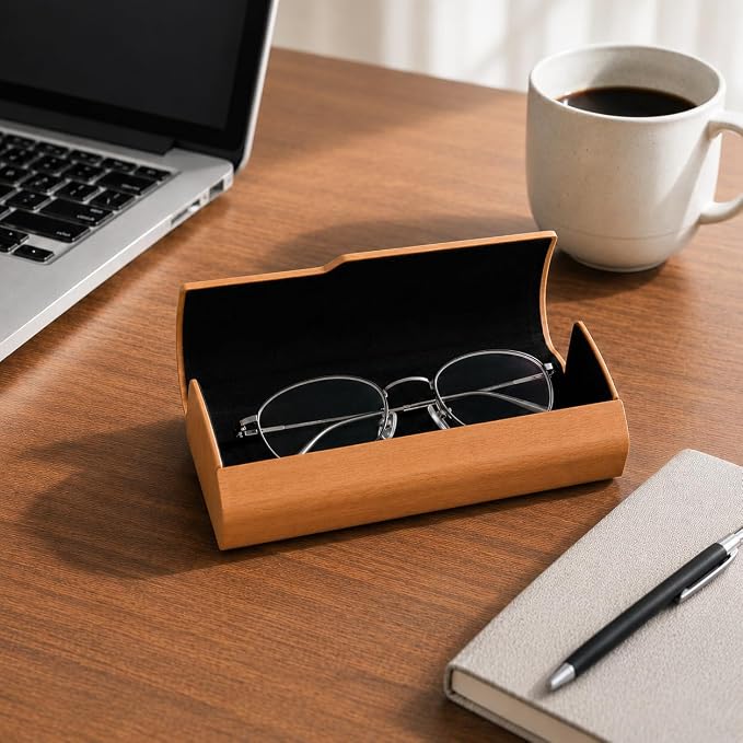 3 Pack Glasses Case Hard Shell, Wood Grain Cases with Cleaning Cloths | Flocked-Lining Eyeglass Cases for Standard Eyeglasses, Reading Glasses and Small to Medium Sunglasses, Men Women