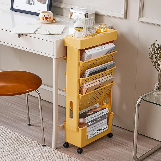 Rolling Office Paper Organizer, Mobile Book Cart Document Folder File Storage with Pen Holder, Slim Rolling Storage Cart Movable Bookshelf for Office, Dorm, Classroom, Nursery, Green