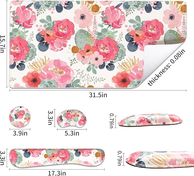 QIYI PU Leather Desk Mat Set, 4-in-1 Ergonomic Wrist Rest, Pink Flowers | Waterproof Large Mouse Pad 31.5×15.7 + Keyboard Wrist Rest + Mouse Wrist Support+Coaster, Non-Slip Office Gaming Accessories
