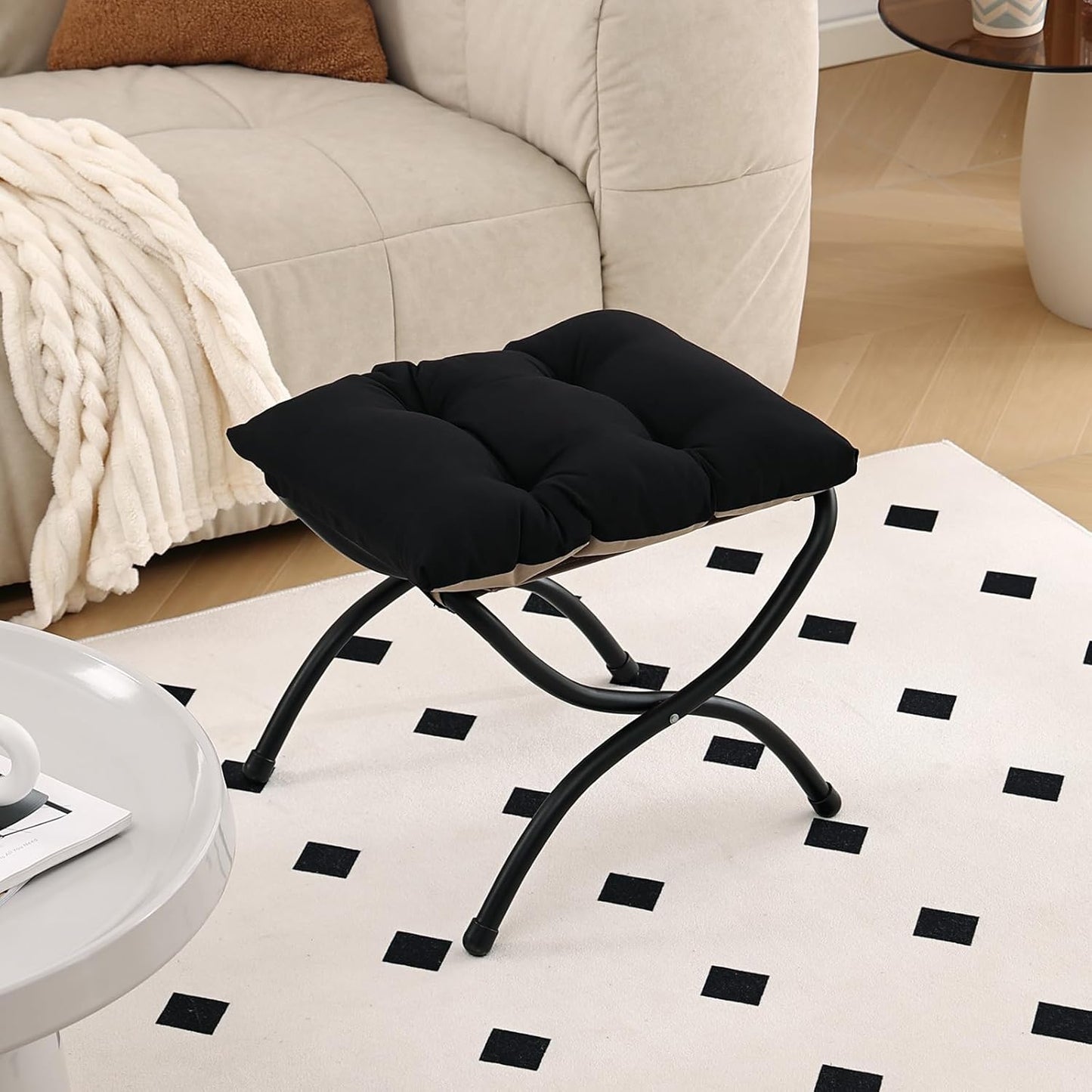 LITA Folding Upholstered Footrest Stool, Modern Small Portable Accent Ottoman with Detachable Thick Cotton Cushion Padded Sofa Stool with Metal Frame for Lazy Chair, Living Room & Bedroom, Black