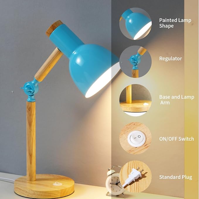Adjustable Wooden Arm Desk Lamp, Metal Shade Table Lamp | Dorm Lamp,Bedside Lamp,Reading Lamp,Lamp for Home Office