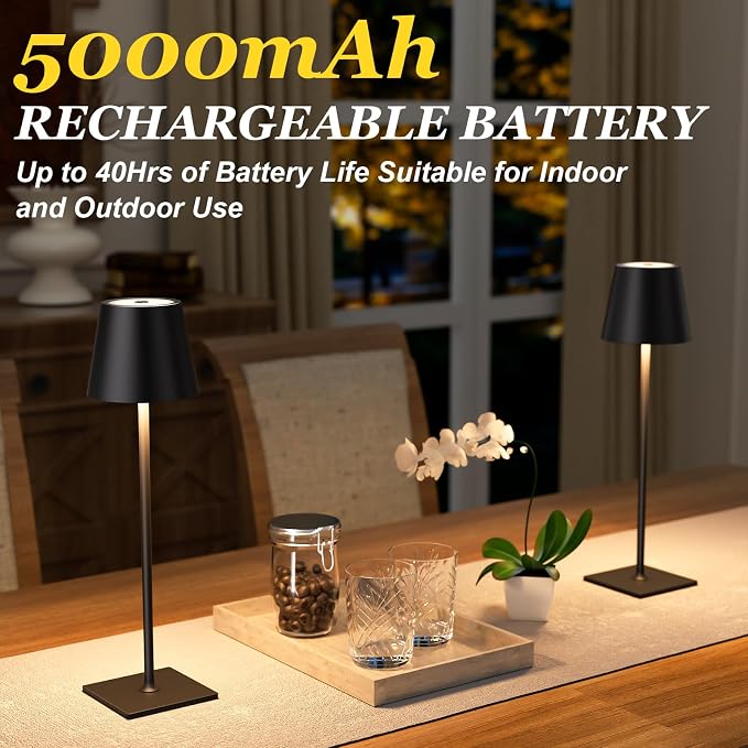 Kakanuo Cordless Rechargeable Table Lamp Black 5000mAh Battery Operated Lamps, 3 Colors Stepless Dimming Touch Lamp for Dining, Living Room, Outdoor Patio, Kitchen Counter, 4 Pack