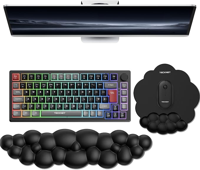 TECKNET Cloud Mouse Pad with Wrist Rest, Ergonomic Cloud Wrist Rest with Non-Slip Base, PU Leather Memory Foam Mouse Pad Wrist Support for Keyboard and Mouse, Pain Relief for Typing, Gaming, Black