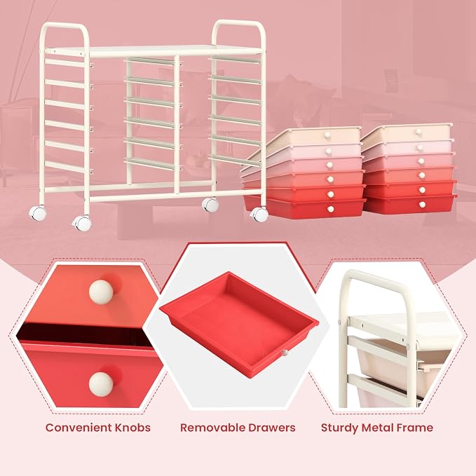 COSTWAY 12-Drawer Rolling Storage Cart, Utility Storage Organizer Cart | For Tools, Scrapbook, Paper, Craft, Multipurpose Art Supply Organizer on Wheels for Home Office School, Teacher, Mixed Pink