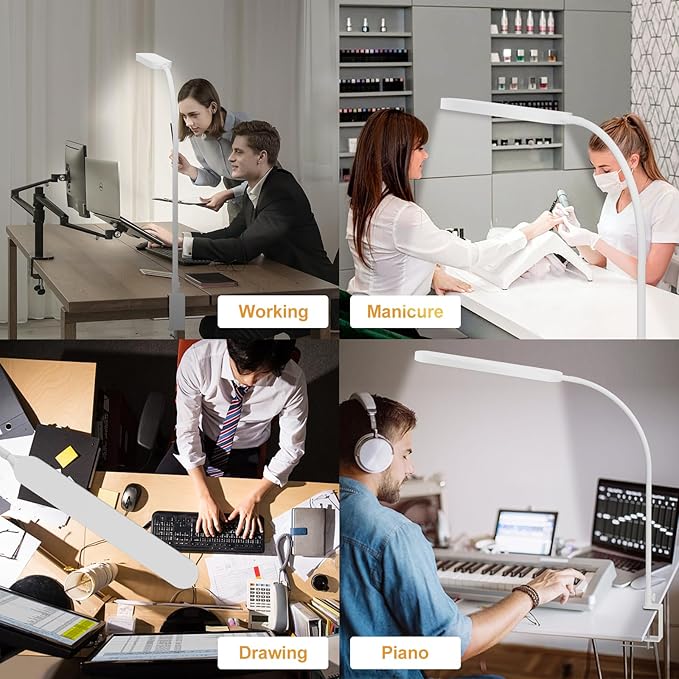 Led Desk Lamp - 33.5" Desk Light - Flexible Gooseneck - 5 Color Modes X 11 Brightness Levels - 1300LM - Timmer & Memory Function - 12W Clip on Light - White